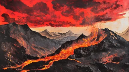 Tableau sur toile Coucher de soleil A dramatic depiction of a volcano erupting, with molten lava flowing down its slopes and a red sky filled with ash clouds.  © Pascal