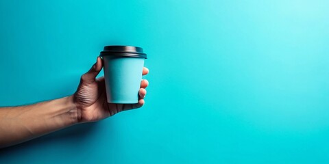 Silhouette Hand Holding Coffee Cup Mockup Pastel Blue Branding Logo Placement