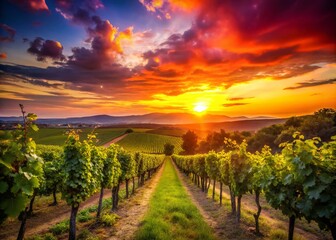 Fototapeta premium Silhouette of a Serene Vineyard at Sunset in the Countryside, Capturing the Beauty of Grape Vines and Rolling Hills in a Tranquil Landscape Scene
