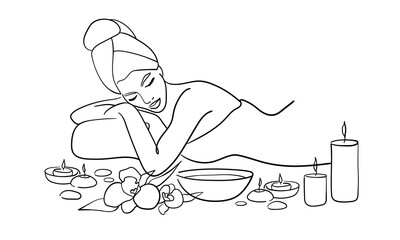 Elegant woman in spa salon continuous line art drawing isolated on white background. Self care and beauty. Vector illustration