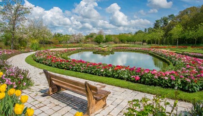Obraz premium Romantic Wooden Bench Overlooking a Heart-Shaped Pond in a Blooming Flower Garden