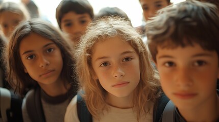 Obraz premium Children gazing curiously at the camera during a school event indoors