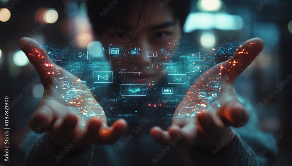 Poster business professional with open hands, displaying a hologram of social media and app icons, futurist