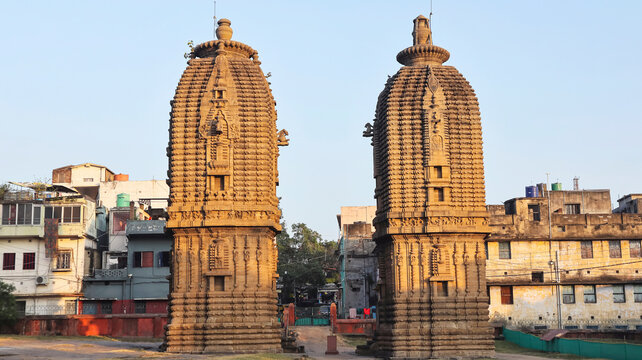 View of the twin temples in the Beguniya Group of Temples, built in the 15th century, Barakar, Pashchim Bardhaman, West Bengal, India.