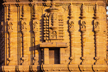 Detailed carvings of Hindu deities depicted on the walls of Lord Ganesha Temple, Beguniya Group of Temples, Barakar, Pashchim Bardhaman, West Bengal, India.