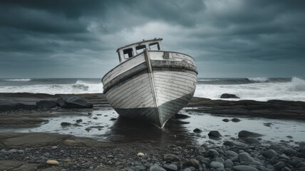 An abandoned wooden boat rests on the rocky shore, surrounded by turbulent waves under a dramatic cloudy sky, evoking a sense of isolation and mystery.