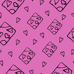 Seamless pattern on pink background with notebooks with hearts