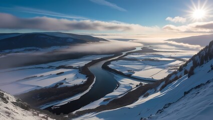 Snowy Mountain Landscape with Forest, Hut, and Sunlight