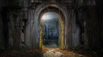 Fototapeta premium A haunting doorway framed by vines reveals the remnants of a decaying structure, evoking a sense of mystery and forgotten beauty.