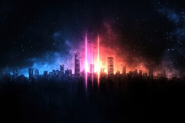 Fototapeta premium Colorful abstract skyline with cosmic elements and vibrant lights.