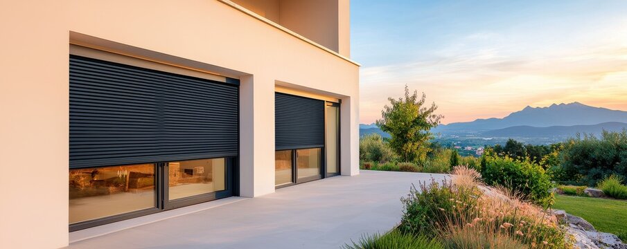 A modern home exterior featuring sleek roller shutters, a spacious patio, and a scenic view of mountains during sunset.