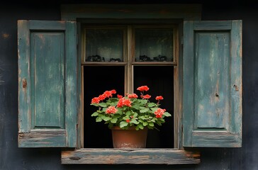 Obraz premium Geraniums in a Pot on an Old Windowsill