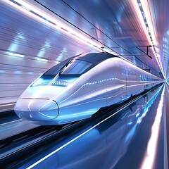 Obraz premium A futuristic high-speed train with a sleek, aerodynamic design traveling through a tunnel at high speed, illuminated by dynamic blue lighting, evoking innovation, speed, and modern technology.