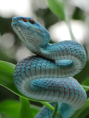 Potrait blue viper snake on branch, viper snake, blue insularis, trimeresurus insularis, 16 December 2024 Indonesia
