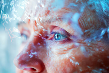 Awareness and hope for World Parkinson's day reflection on aging and health. Old person symbolizing brain dysfunction. Degenerative disorder. World Alzheimer's Day. Horizontal banner. Copy space