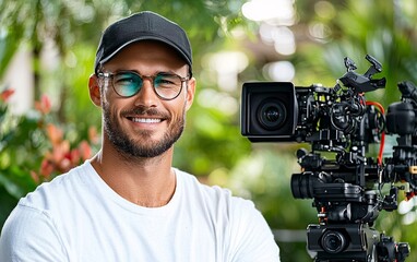 Smiling man with glasses and a camera in a lush, green outdoor setting.