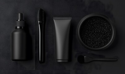 Fototapeta premium Black beauty products arranged on a dark surface