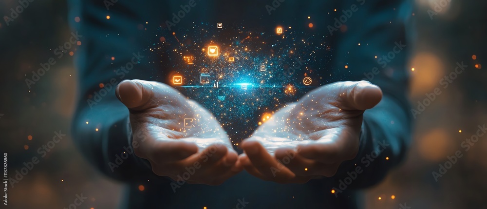 Poster man displaying a hologram with social media icons, open hands, technology and business theme, digita