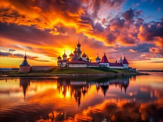 Naklejka premium Solovetsky Islands Silhouette Photography: Dramatic Sunset, Monastery, Sea, Arctic, Russia