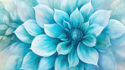 Fototapeta premium A watercolor depiction of a striking teal marigold flower with gently curling petals transitioning from pale aqua to deep turquoise, accompanied by muted silvery-green leaves painted in an airy, trans