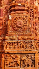 Artistic terracotta carvings illustrating war scenes and daily life, Ram Chandraji's Temple, Guptipara, West Bengal, India.