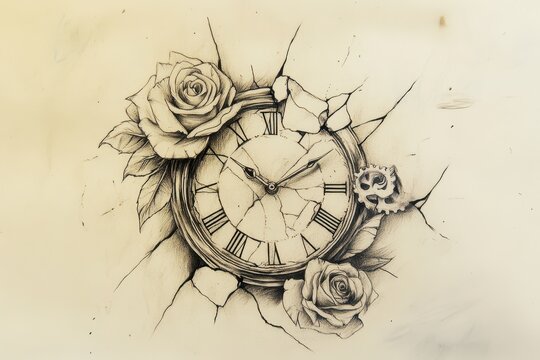 A tattoo sketch of a clock with cracked glass, with gears and roses entwined in the design, designed for artwork.