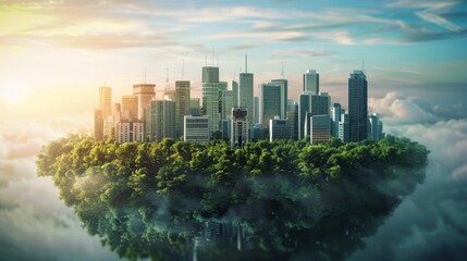 Obraz premium Eco-City Modern Metropolis on a Lush Island Floating Amidst Clouds.