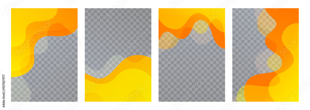 Poster set of overlay templates with dynamic orange gradient waves. flowing liquid shapes. bright color spl