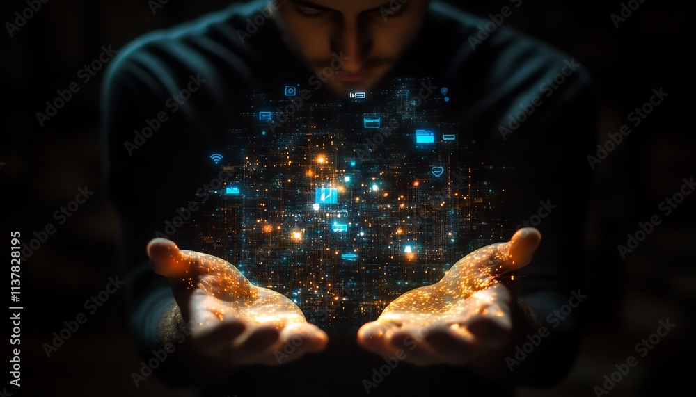Poster man with open hands holding a glowing hologram interface, icons representing social media and applic
