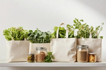 Fresh produce and grains promoting sustainable lifestyle in reusable bags