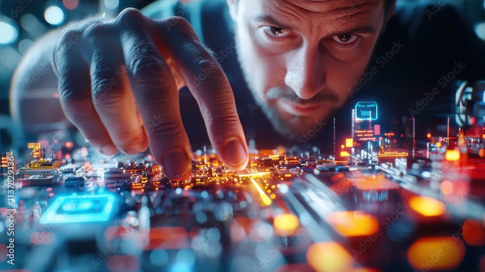 Poster Close-up of a Man’s Hand Interacting with High-Tech Circuit Board at Night with Bright Lights