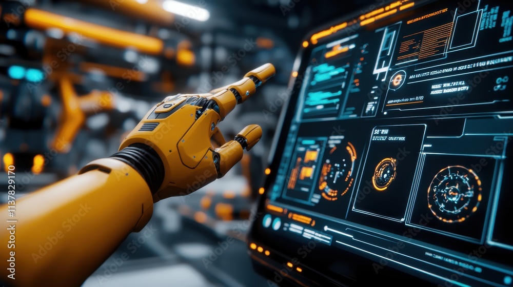 Fototapete robotic hand interacting with futuristic touchscreen display in high-tech environment