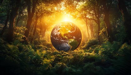 Fototapeta premium Planet Earth in a lush forest, Earth Day theme, renewable energies, sustainability, ecology, environmental care, climate change, nature and green design