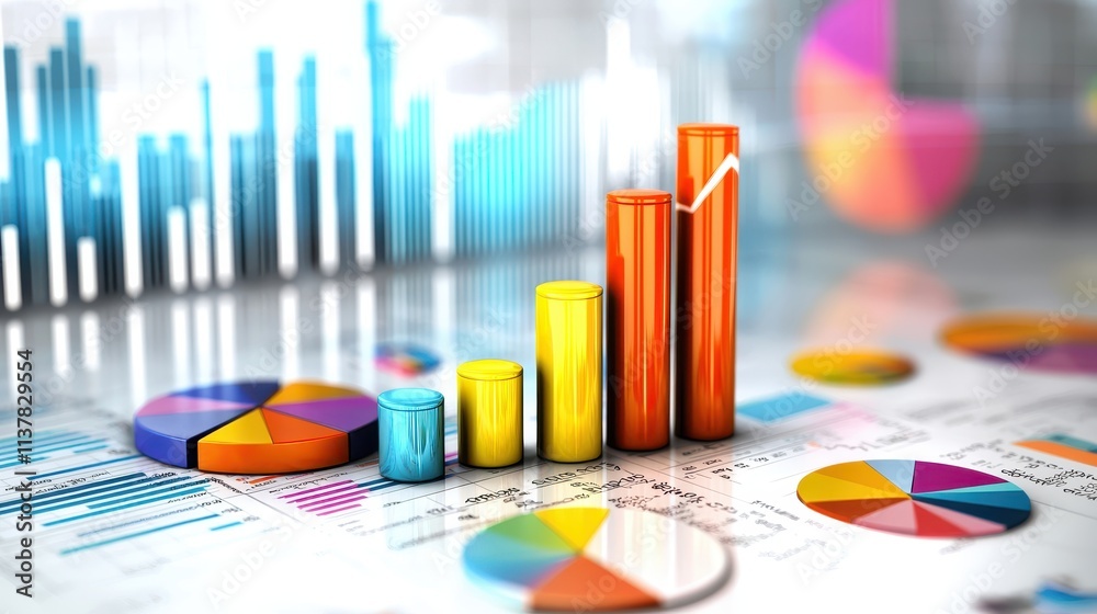 Poster Colorful Data Visualization with Bar Graphs and Pie Charts on Business Report Background
