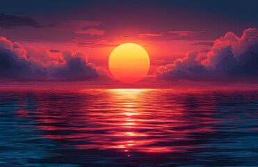 Obraz premium Crimson Sunset Over Calm Ocean Waters