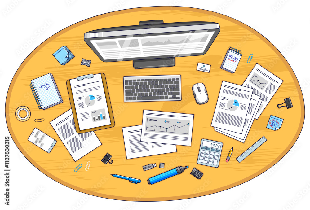 Fototapete Office desk workspace top view with PC computer and analytics papers with graphs and data and stationery objects on table. All elements are easy to use separately or recompose illustration. Vector.