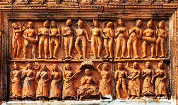Shri Chaitanya and Nityananda Mahaprabhu on central arch panel of  Lakshmi Janardan Temple, Ghurisha , Birbhum, West Bengal, India.
