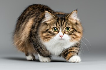 Adorable tabby cat with fluffy fur and bright eyes walking gracefully on a gray background