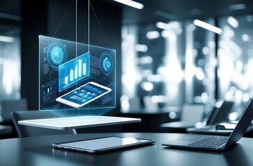 Fototapeta premium Digital Transformation: A modern office setting featuring a sleek laptop and smartphone with a futuristic digital interface, symbolizing the integration of technology and data in business. 