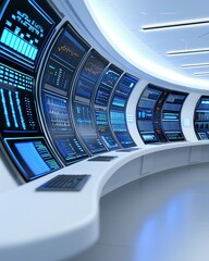 Fototapeta premium Bandwidth selection illustrating a futuristic control room with screens displaying real-time data adjustments and analytics.