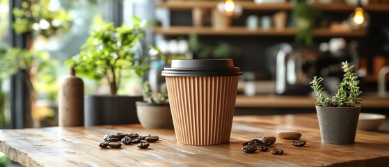 Fototapeta premium Ecoconscious cardboard cup with coffee on a wooden table in a modern ecofriendly coffee shop, kraft packaging, recycling, sustainability, eco design