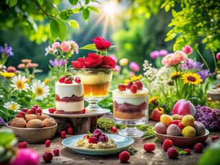 Spring Summer Garden Fine Dining Dessert Double Exposure Photography - AI Art