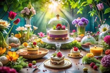 Fototapeta premium Spring Summer Garden Fine Dining Dessert Double Exposure Photography AI Art