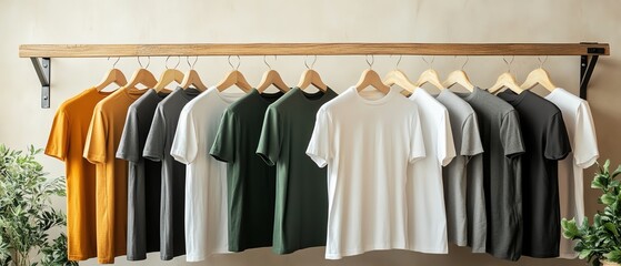 Exhibition of ecological clothing, Tshirts in neutral tones on display, sustainable fabrics, ecofriendly fashion showcase, minimalist design, green focus