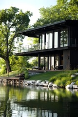 Fototapeta premium A contemporary lake house with a stilt foundation, wide verandas, and dark wood paneling.
