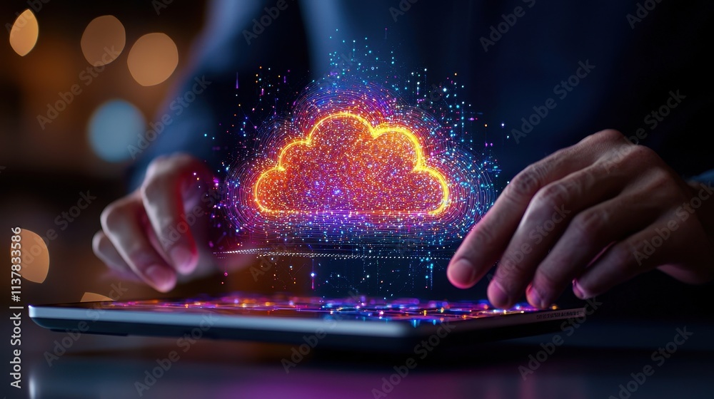 Poster Hands Interacting with Laptop Keyboard and Cloud Computing Concept
