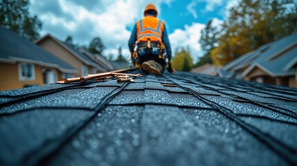 A construction worker installing slates on a sloping roof of a new building