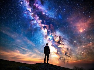 Fototapeta premium Stargazing Solitude: Night Sky Portrait Photography, Lonely Figure, Celestial Wonders, Peaceful Night, Dark Sky, Starry Night, Alone in Nature
