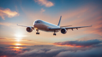 Obraz premium Airplane flying against a sunset sky