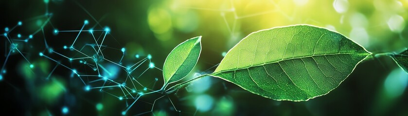 Fototapeta premium Green leaf with energy sources, renewable energy concept, sustainable development, responsible environment, ecology focus, generative AI design